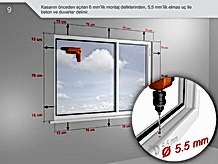 Kasanın önceden açılan 6 mm'lik montaj deliklerinden, 5,5 mm'lik elmas uç ile beton ve duvarlar delinir.